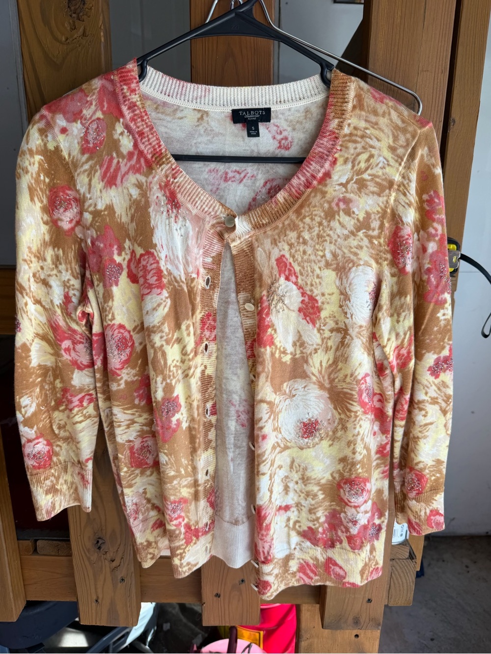 Talbots Petite Cream Cardigan with Coral Floral Print